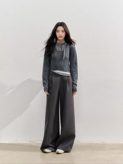 Plaid Panel Fold-Over Waist Straight Pants
