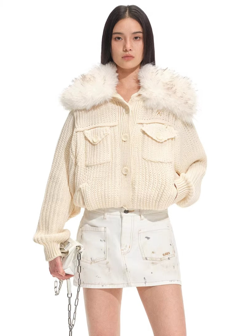 Faux Fur Collar Wool Knit Cardigan