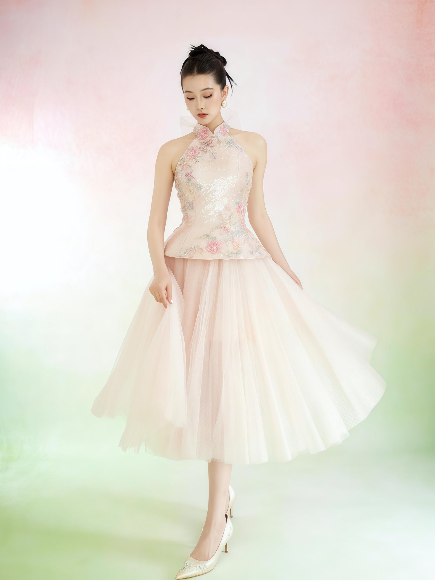 Blush Embroidered Halter Tulle Midi Dress