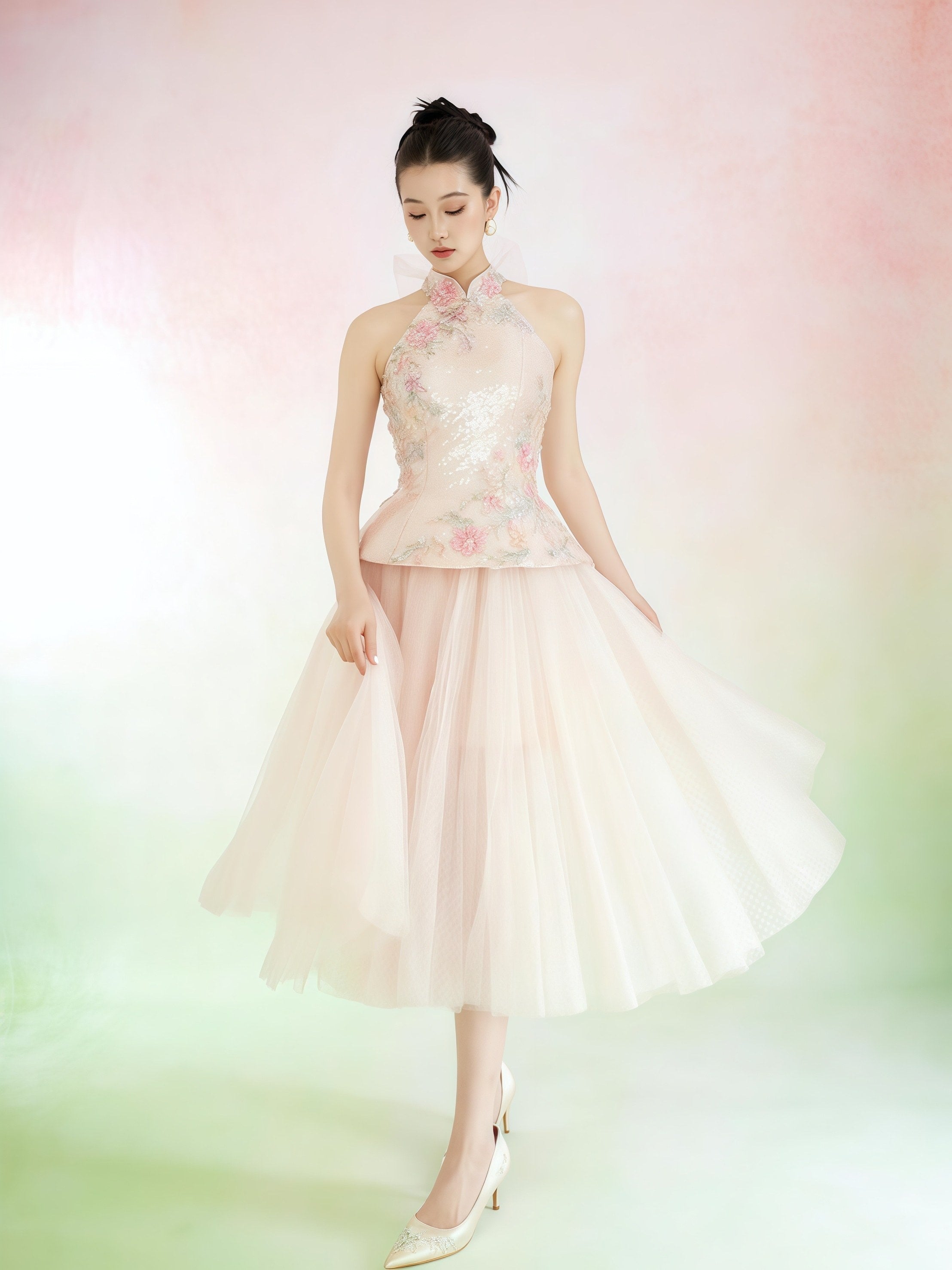 Blush Embroidered Halter Tulle Midi Dress