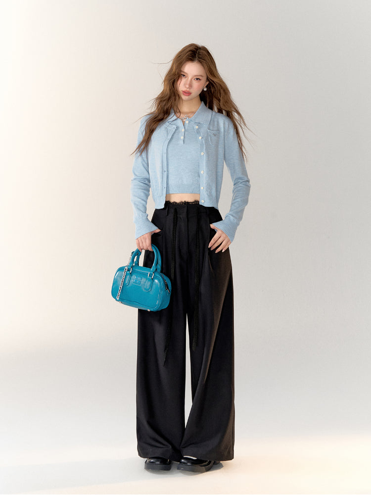 Lace Spliced High-Waisted Straight-Leg Wide Pants