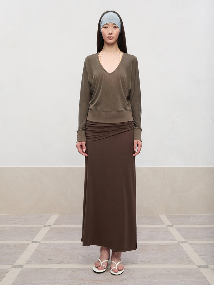 Lyocell Pleated Mid-Low Waist Midi Skirt