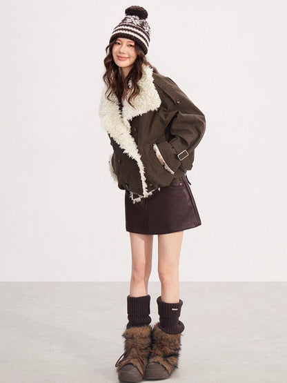 Faux-Shearling Panel Quilted Short Jacket