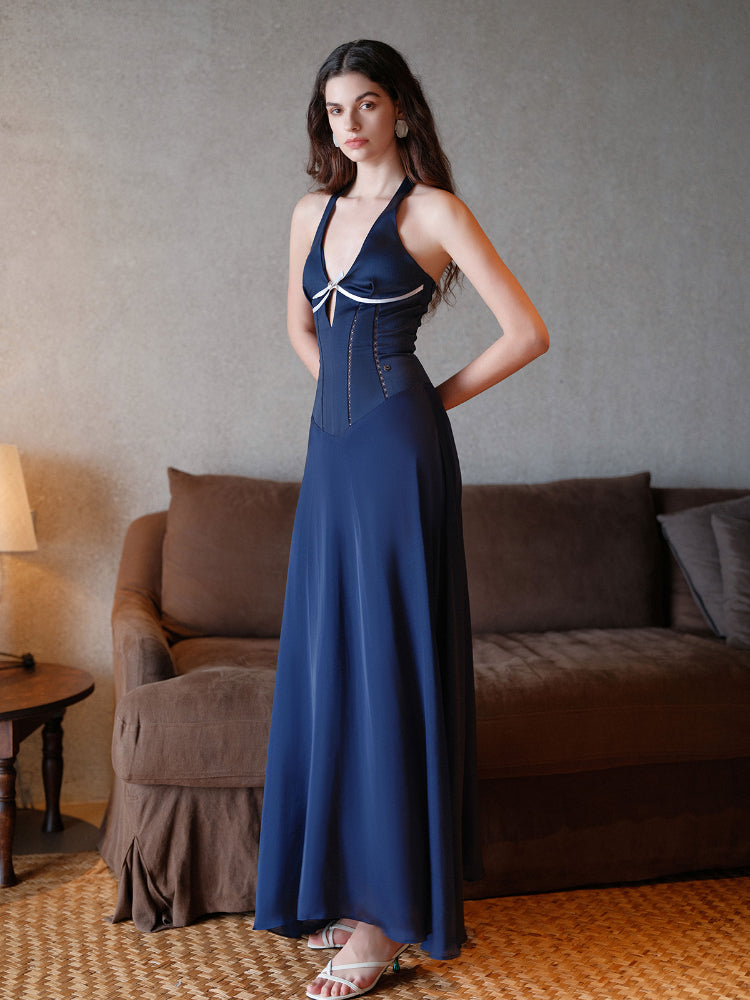 French V-Neck Halter Midi Dress