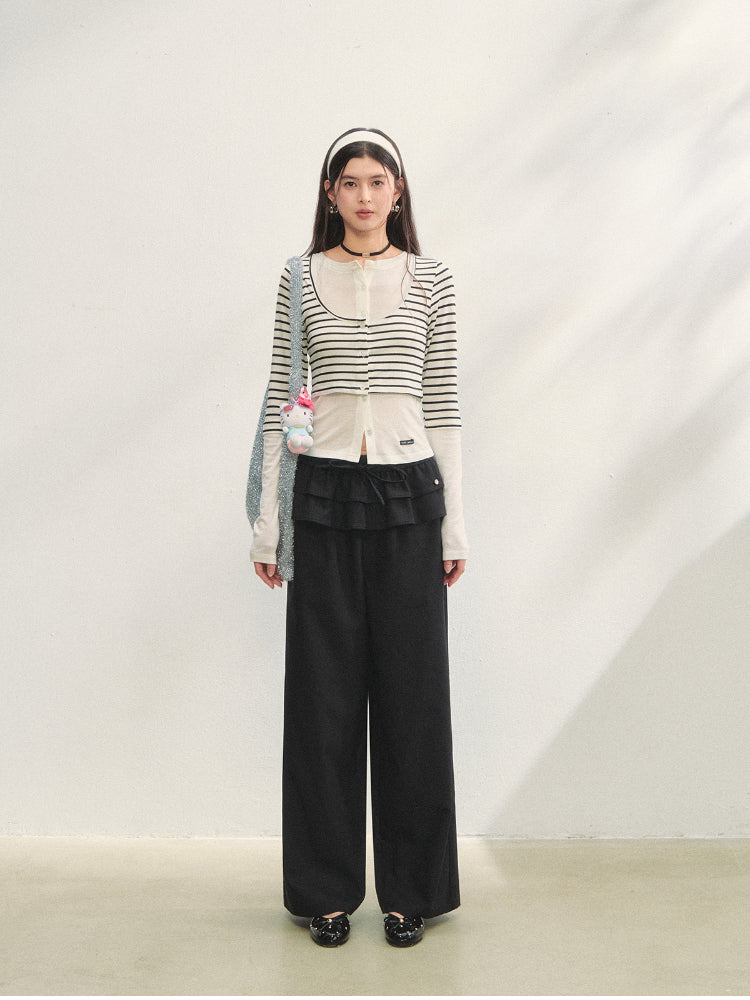Two-piece Double-layer Ruffle Tie Straight Pants - CHINASQUAD