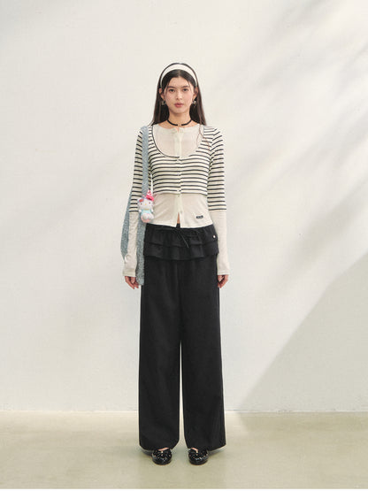 Two-piece Double-layer Ruffle Tie Straight Pants - CHINASQUAD