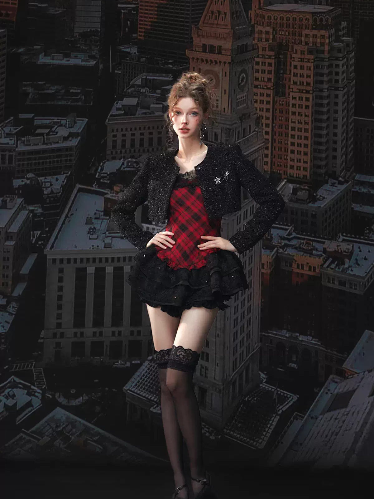 Plaid Puff Dress with Lace Overlay Set