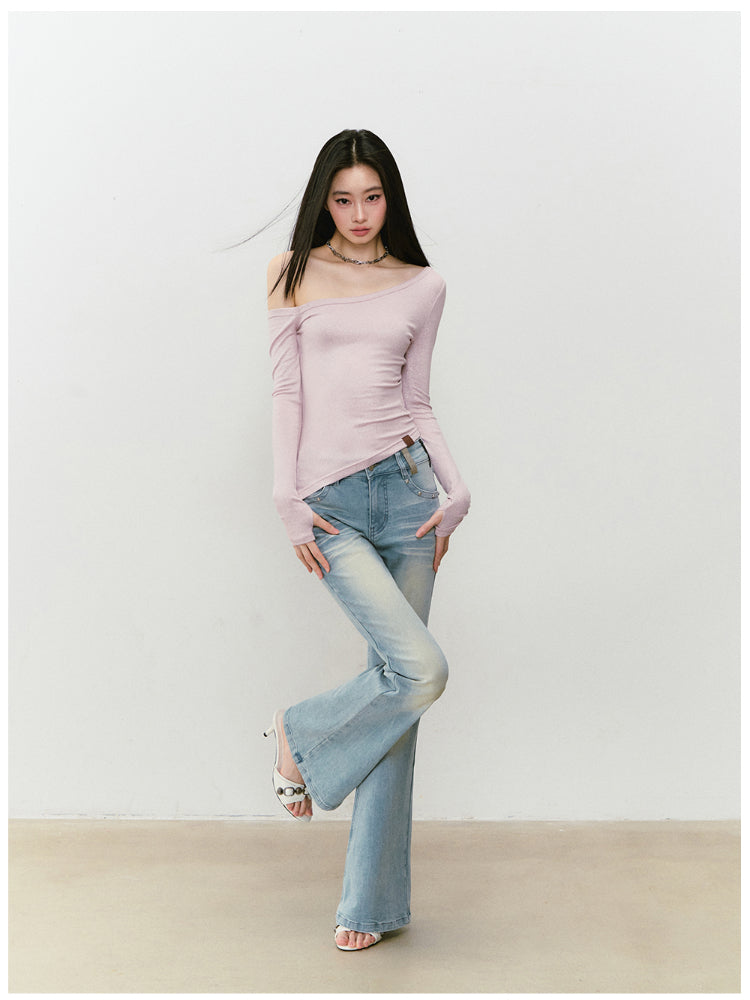 Color-Block Washed Flared Jeans