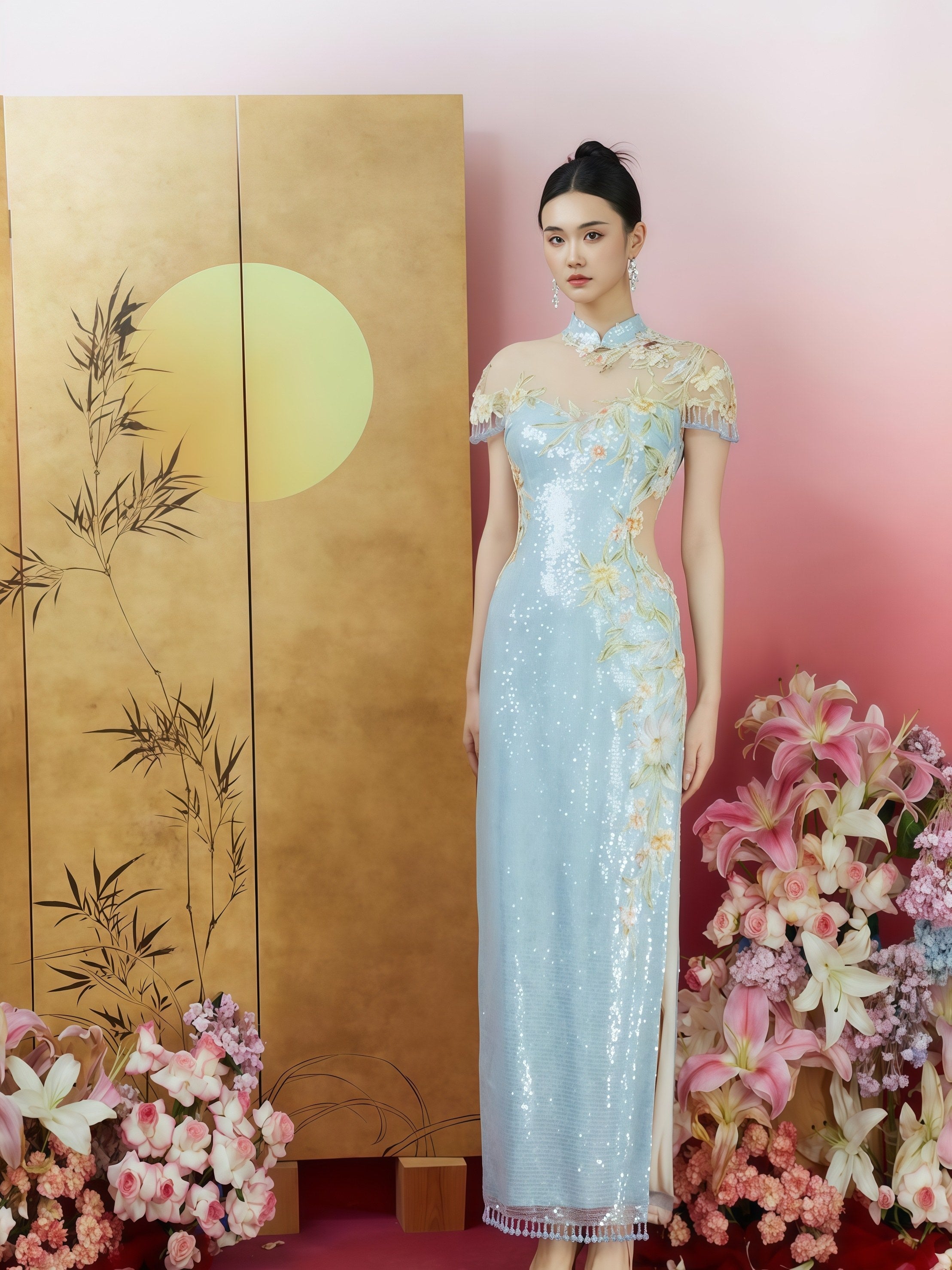 Azure Dream Embroidered Sequin Cheongsam with Detachable Bow Train