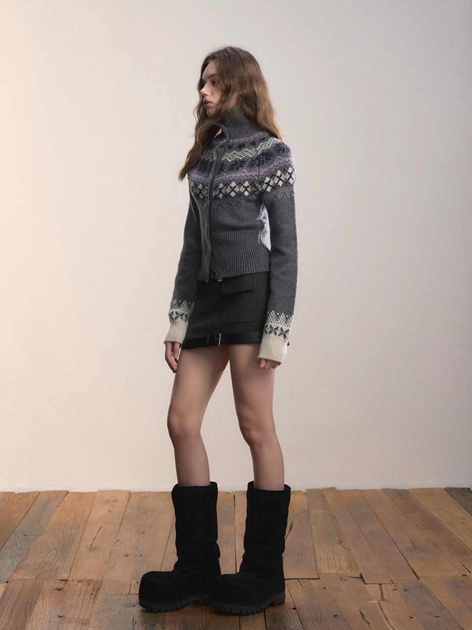 Fair Isle Wool-Blend Turtleneck Knit Cardigan
