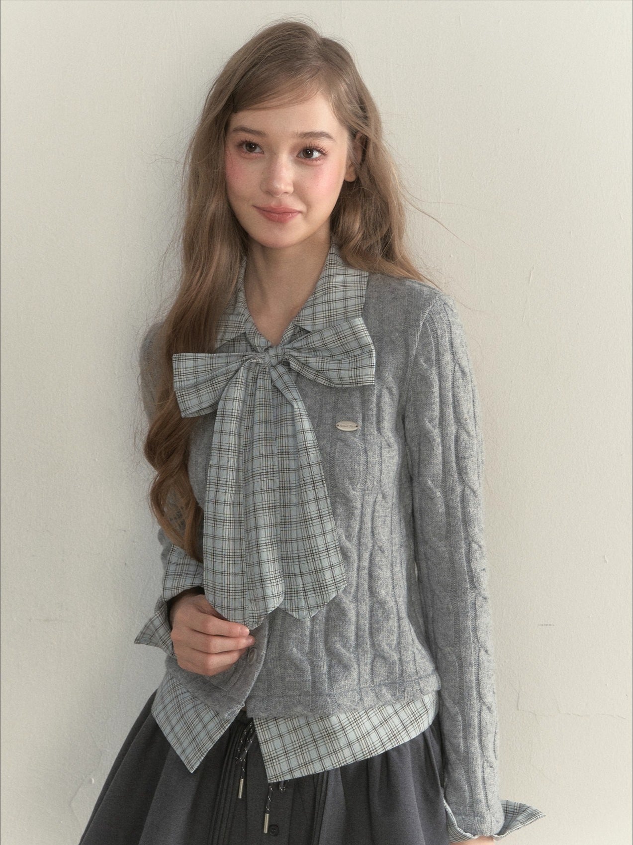 Retro Bow-Tie Preppy Layered Cable Knit Cardigan