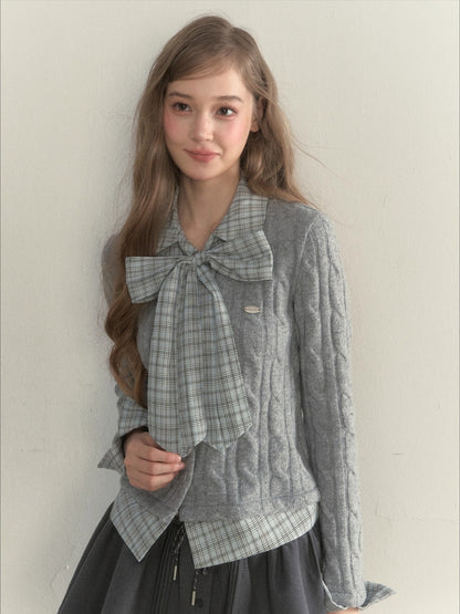 Retro Bow-Tie Preppy Layered Cable Knit Cardigan