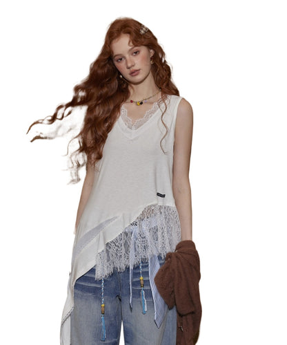 Vintage Lace Trim V-Neck Tank Top - CHINASQUAD