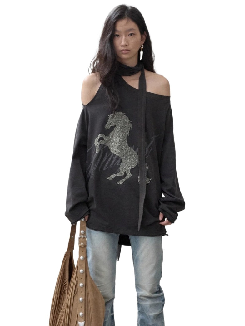 Rhinestone Shoulder-Tie Oversized Sweatshirt