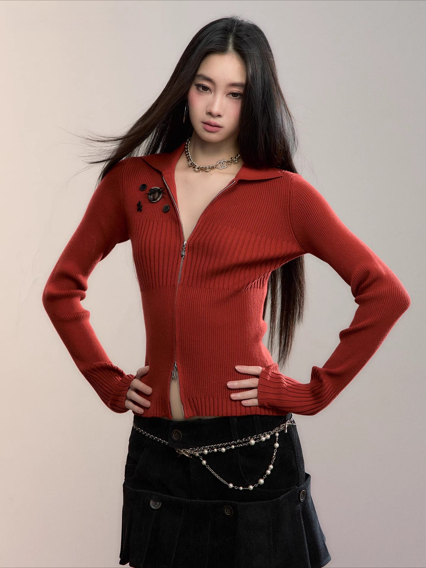 Button-Detail Zip-Up Knit Cardigan