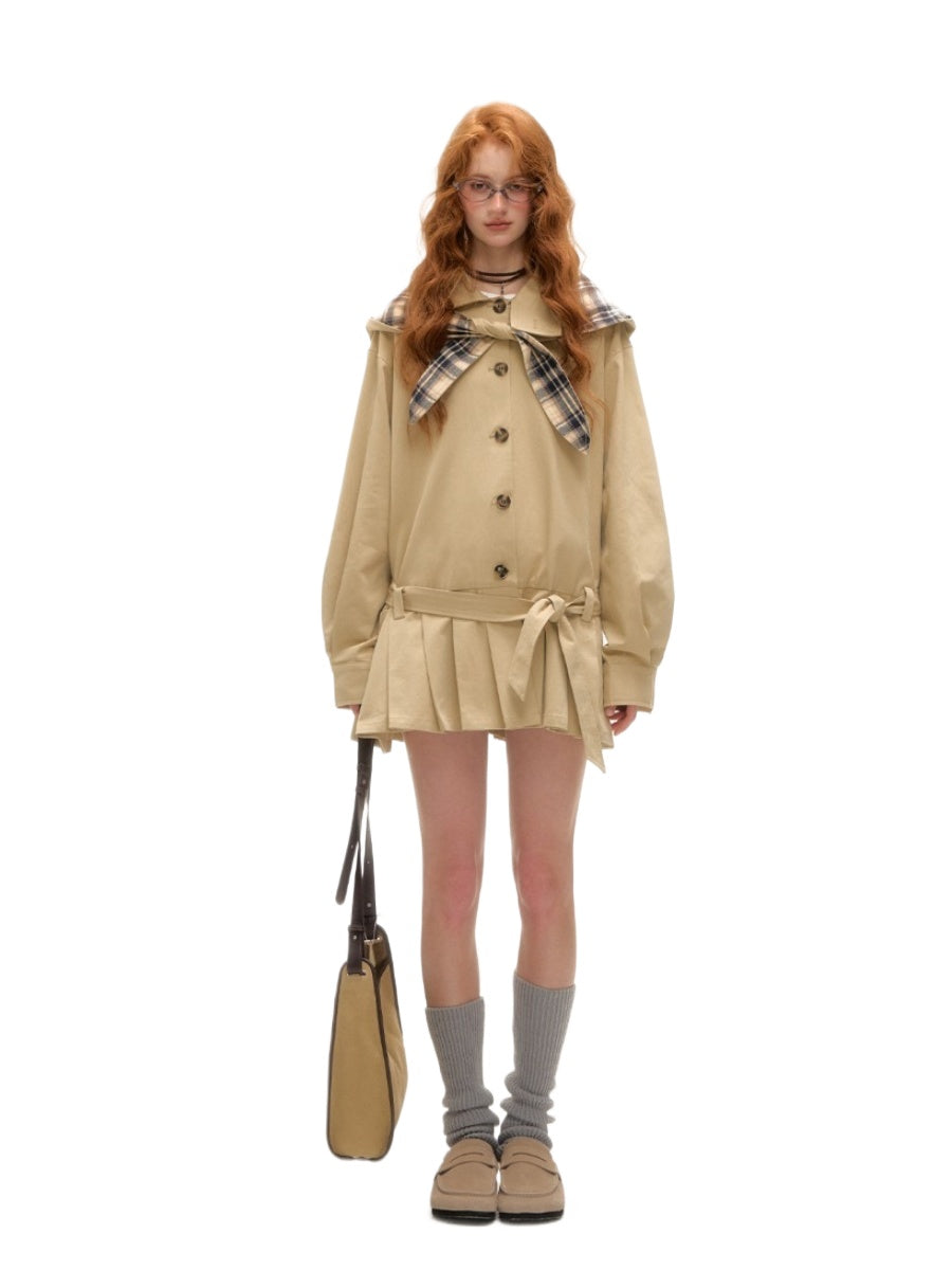Detachable Bunny-Ear Pleated Trench Coat