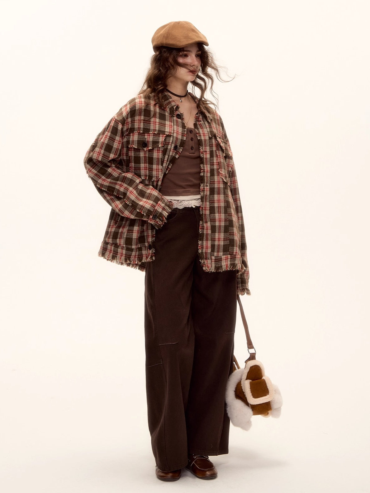 Red Belt Decor Curved-Hem Denim Wide-Leg Jeans