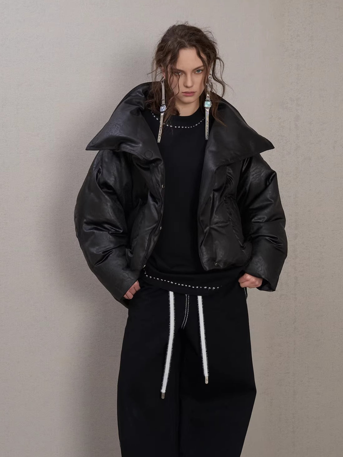 Oversized Leather-Texture Down Jacket