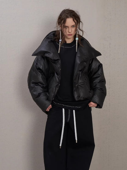 Oversized Leather-Texture Down Jacket