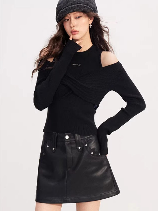 Bow Cable-Knit Vest Long-Sleeve Two-Piece Set