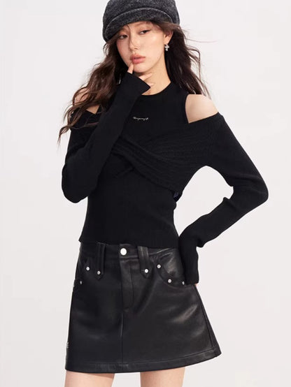 Bow Cable-Knit Vest Long-Sleeve Two-Piece Set