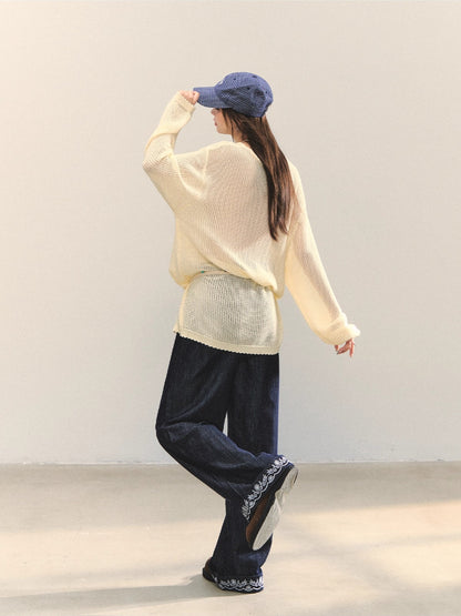 Embroidered Belt High-Waist Straight Pants