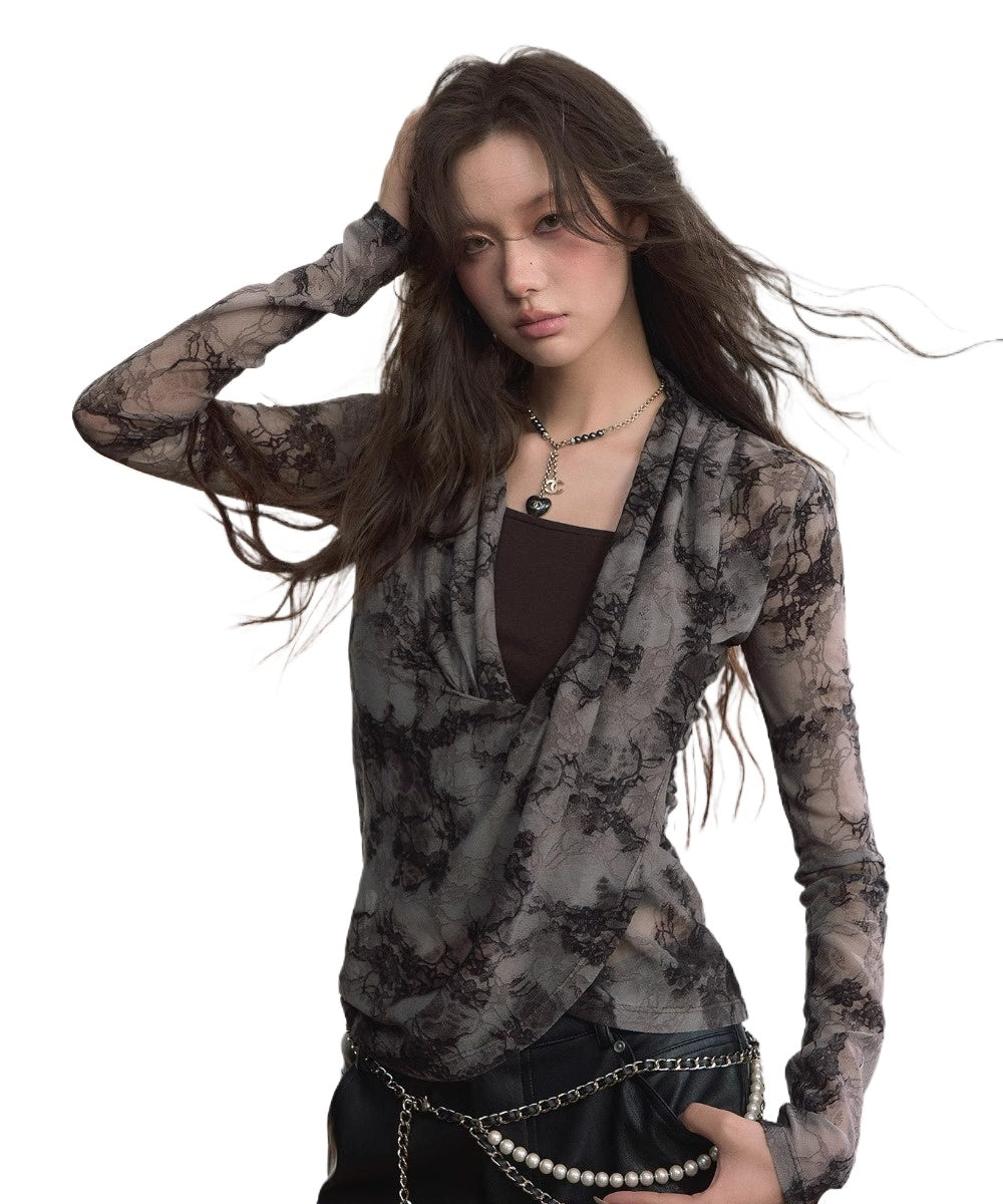 Sheer Lace Draped Crossover Blouse