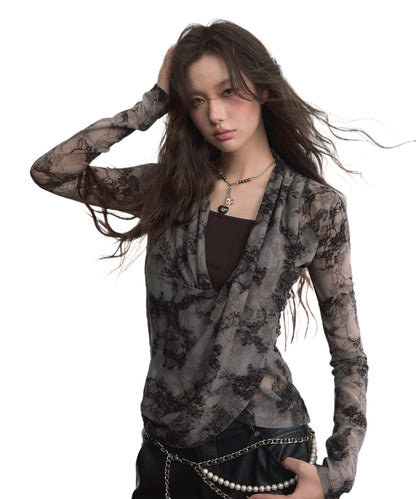 Sheer Lace Draped Crossover Blouse