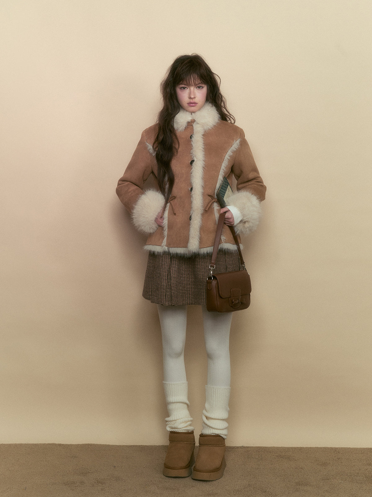 Khaki &amp; Pink Shearling Coat