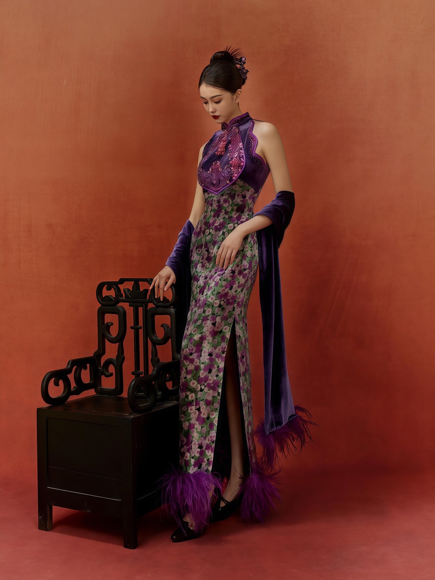 Royal Violet Embroidered Panel Floral Cheongsam with Feather Trim Shawl
