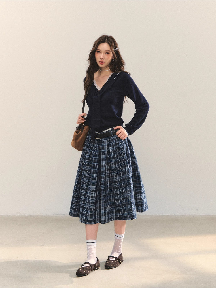 High-Waist Belted Plaid Umbrella Skirt