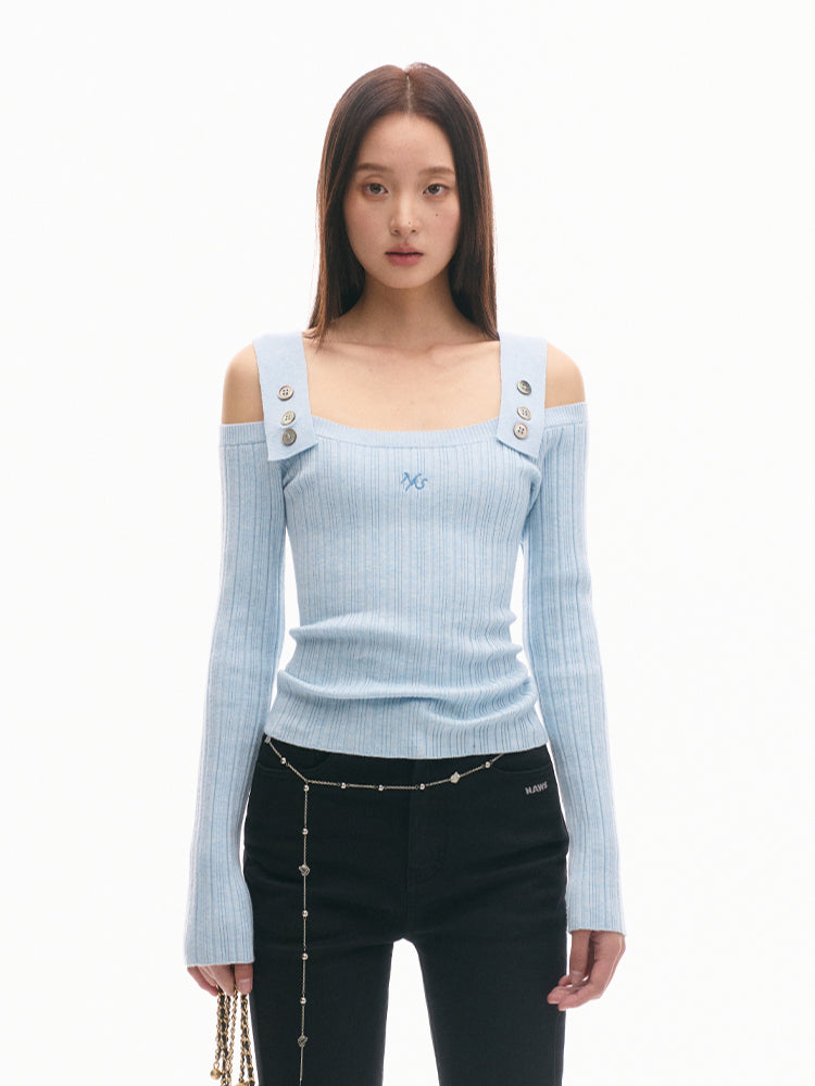 Casual Off-Shoulder Slim-Fit Wool Long-Sleeve Top