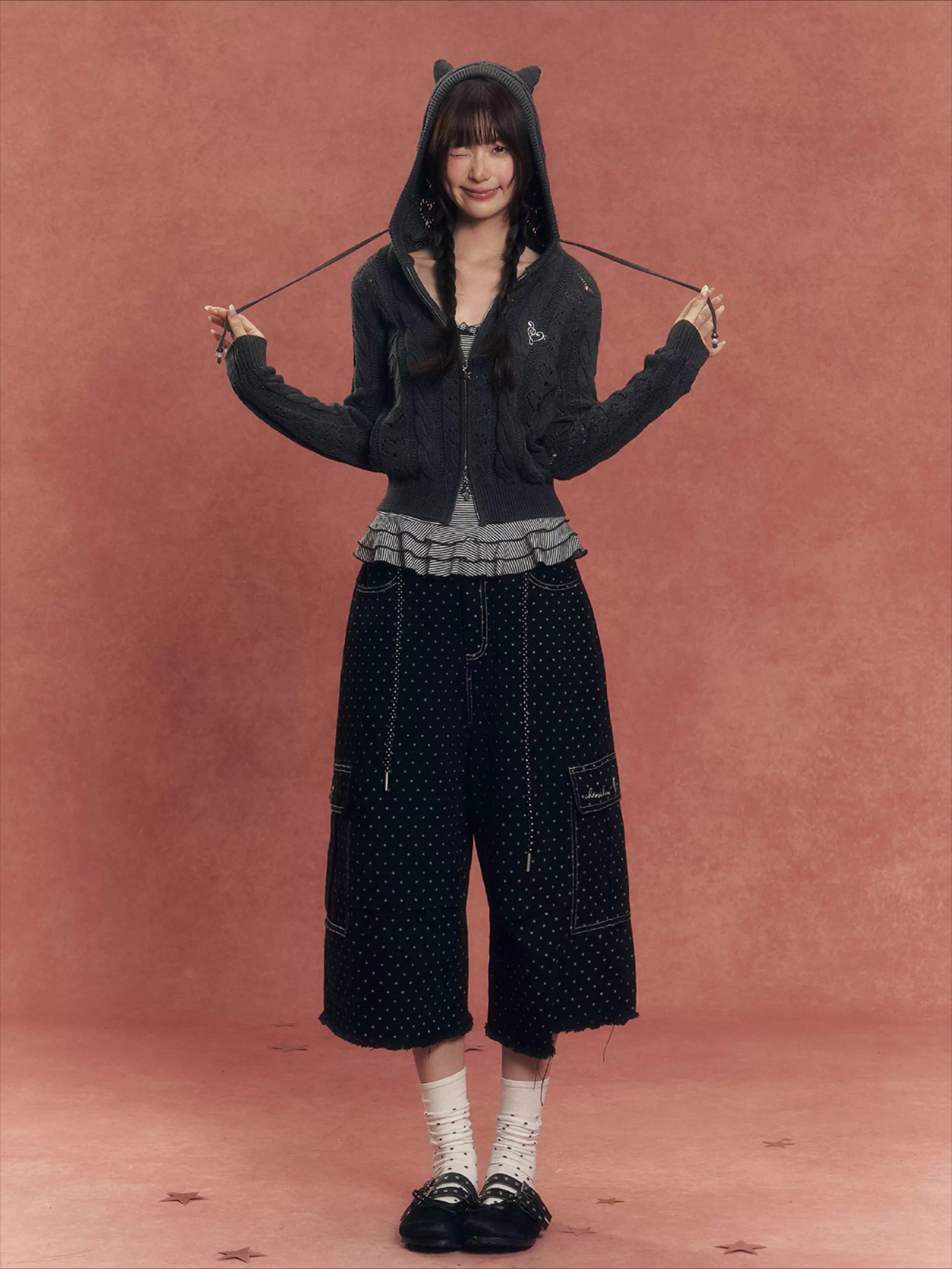 Heart Cutout Cable-Knit Hooded Cardigan