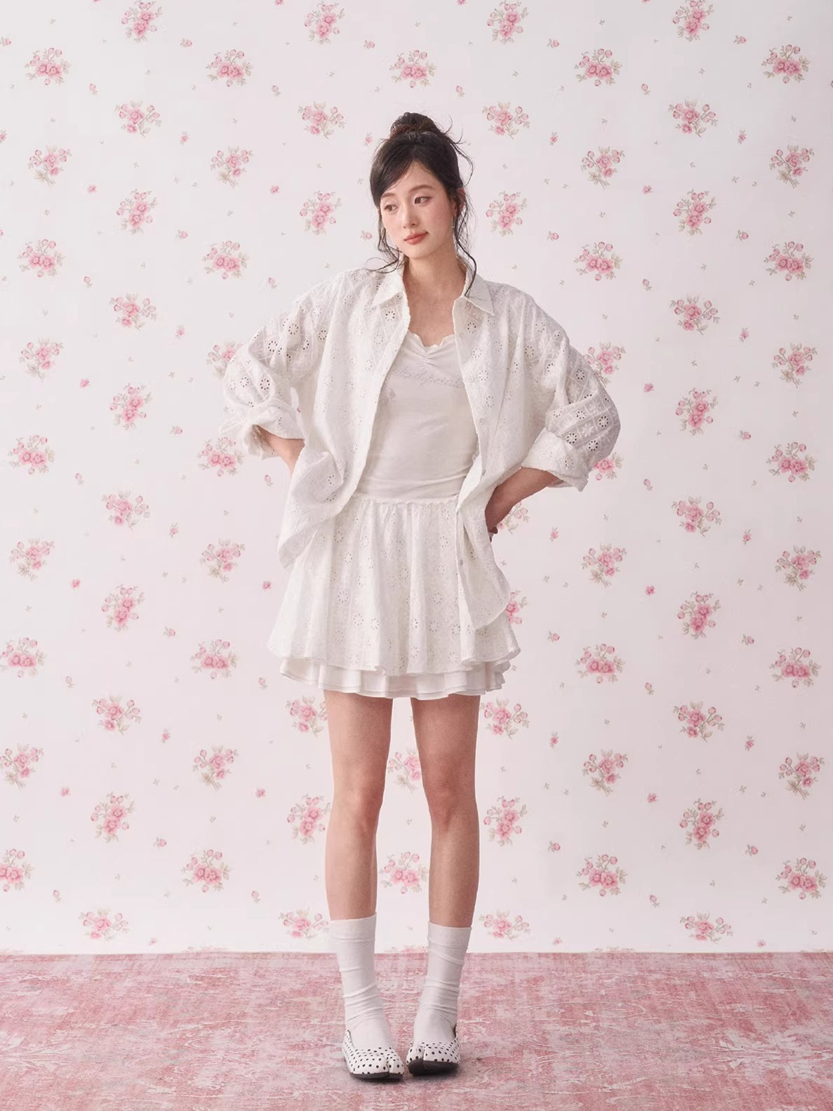 Lace Cutout Shirt &amp; Pleated Skirt Set