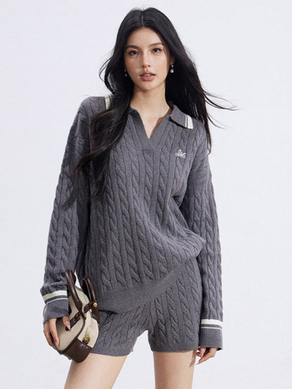 Color-Block Knit Top and Shorts Two-Piece Set