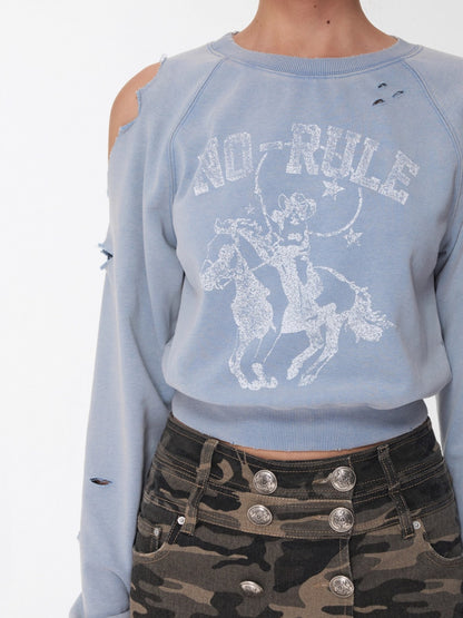 Knight Cat Print Distressed Washed Sweatshirt