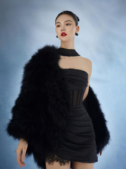 Midnight Noir Feather-Trim Cutout Mini Dress