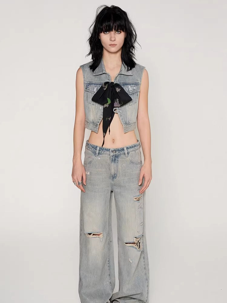 Silver-Foil Double-Waist Denim Pants