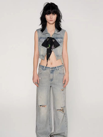 Silver-Foil Double-Waist Denim Pants