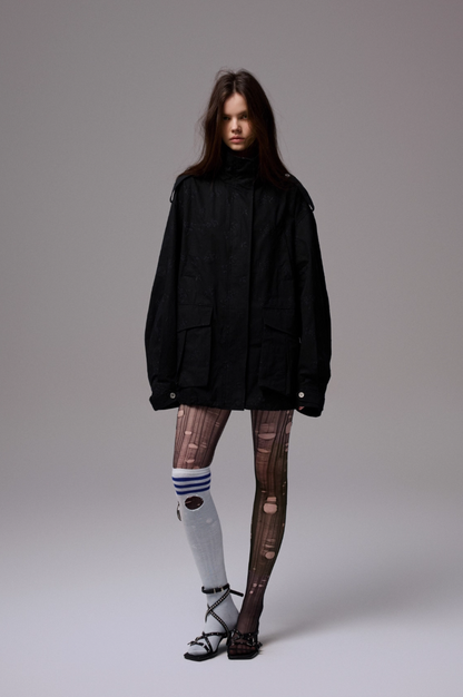 Embroidered Jacquard Multi-Pocket Stand-Collar Utility Jacket