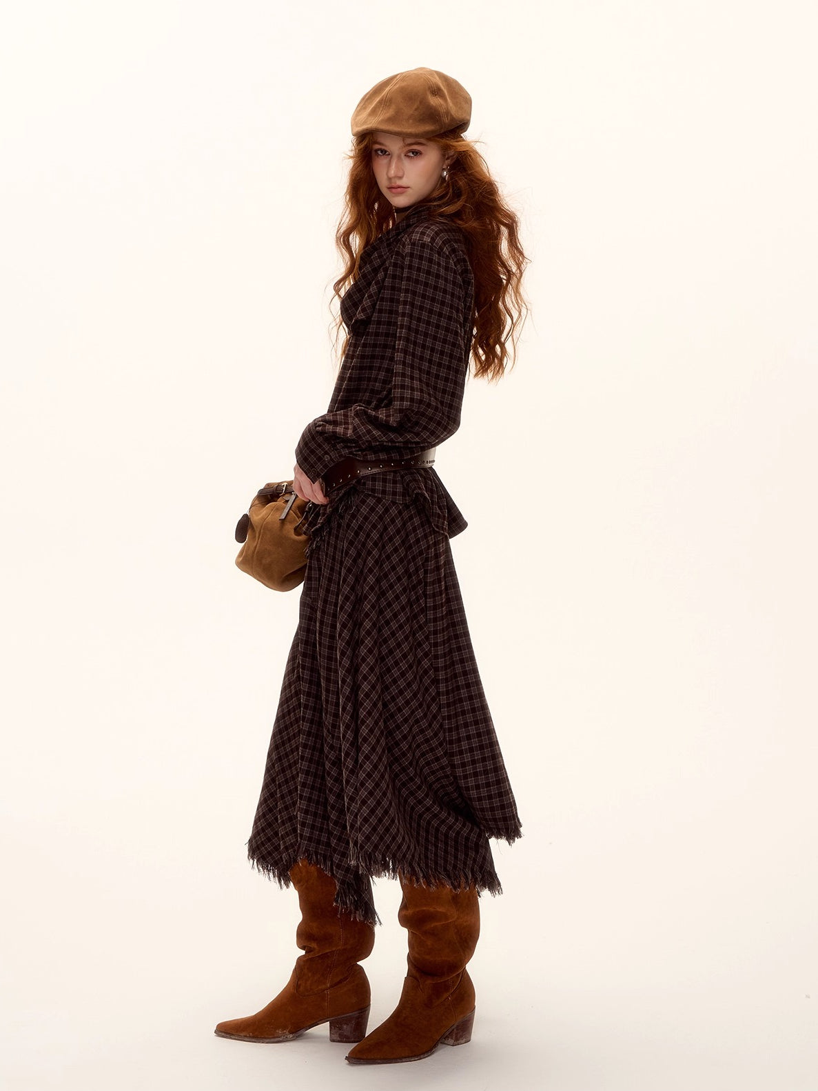 Vintage Plaid Beaded Tie-Scarf Shirt