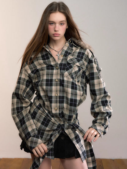 Plaid Detachable Fur Collar Two-Piece Shirt Set