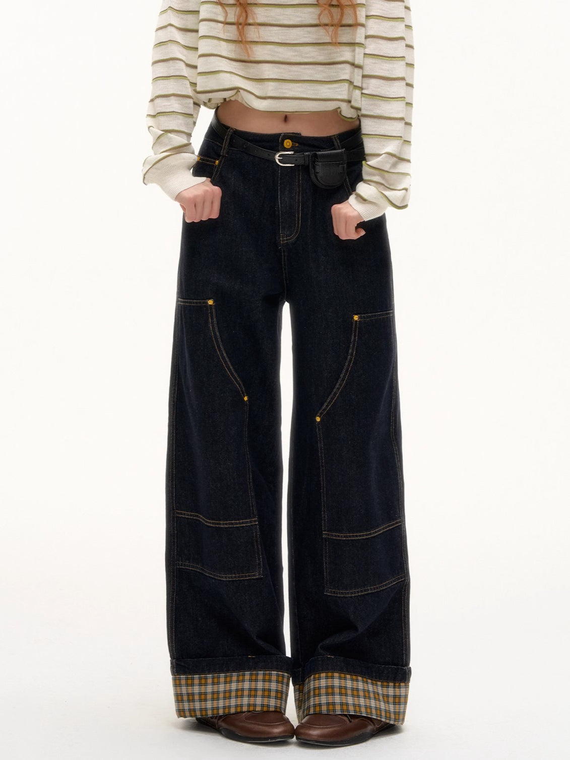 Plaid Cuff Wide-Leg Jeans