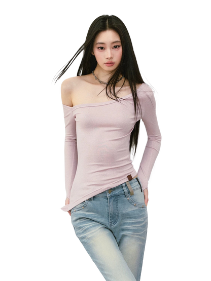 Shimmer Asymmetric Shoulder Irregular T-shirt