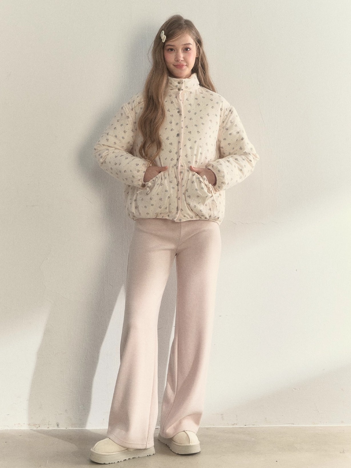 Pink Detachable-Sleeve Corduroy Floral Reversible Jacket