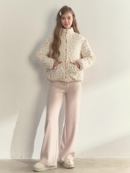 Pink Detachable-Sleeve Corduroy Floral Reversible Jacket