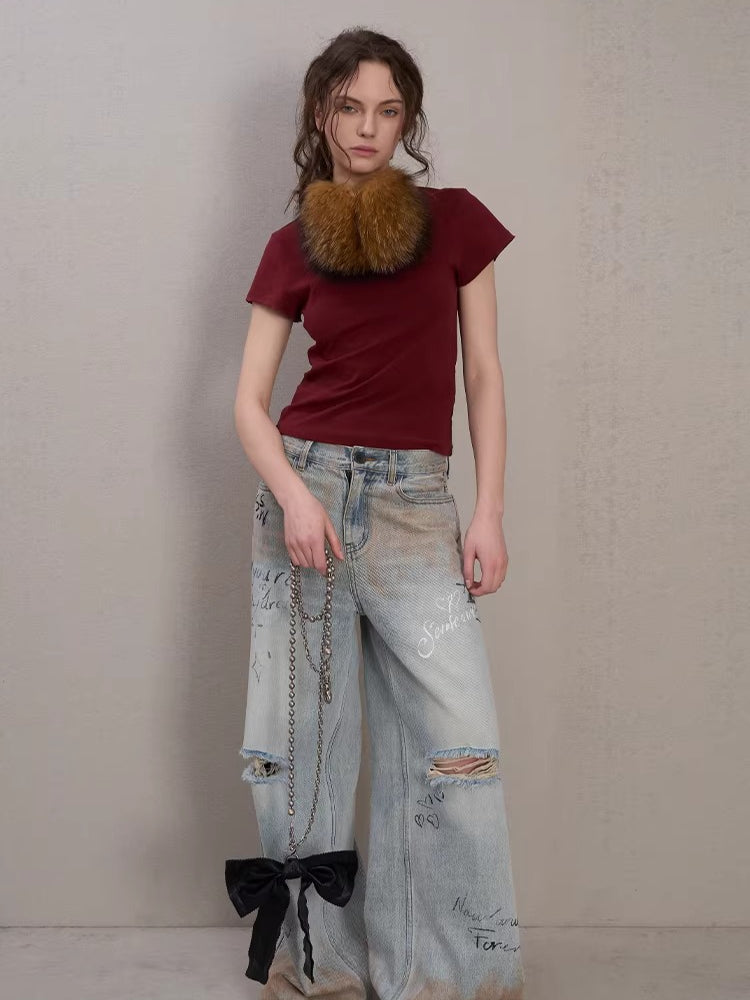 Graffiti Spray-Wash Wide-Leg Denim Jeans