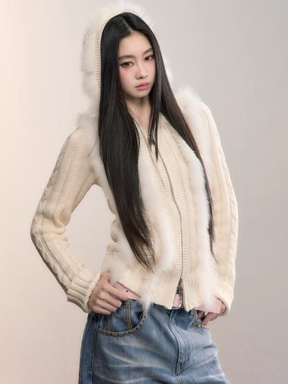 Fox Fur Trim Hooded Knit Cardigan