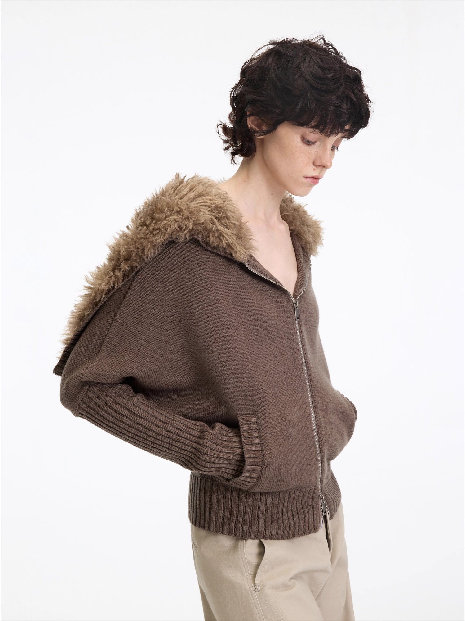 Wool-Blend Hooded Faux Fur Collar Knit Jacket