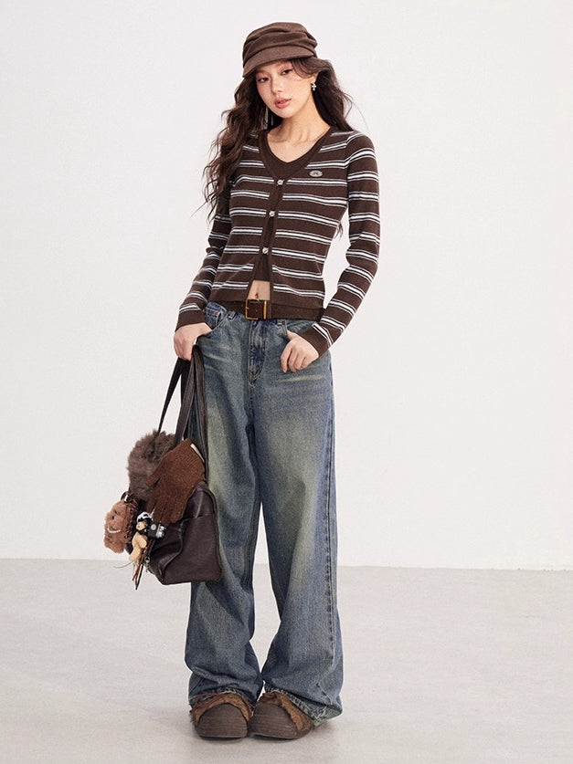 Layered-Effect Striped Knit V-Neck